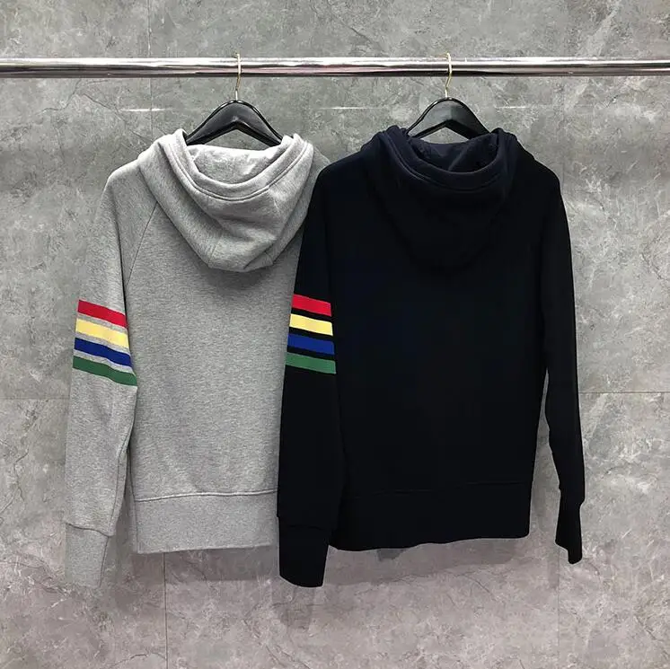 

TB 2021 Fashion THOM Brand Autumn Winter Hooded Clothing Color Stripes Jacket Men Sweatshirts Hoodies Casual Sportswear Coat
