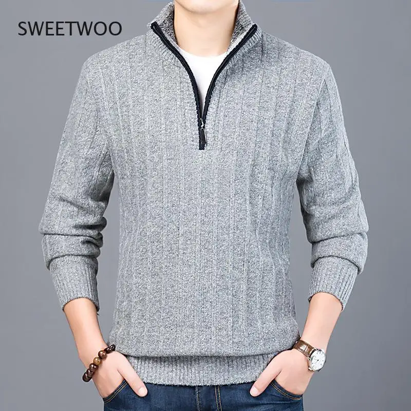 New Winter Men's Sweater Casual Pullover Mens Warm Sweaters Man Slim Stand Collar Knitted Pullovers Male Coats Half Zip Sweater