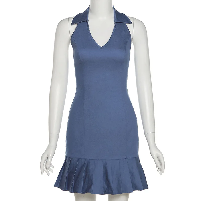 

Sexy Mini Dresses Women Solid Color High Waist Fashion Sleeveless Halter V-Neck Sling Package Hip Slim Casual Ruffle Dress 2021