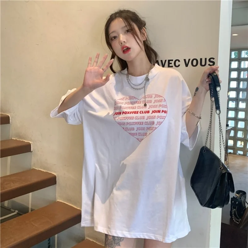 

Houthion Women's Oversized T-shirt Crop Top Letter Pint Tops Loose Plus Size Tshirt New Casual Fashion O-neck T Shirt Cotton