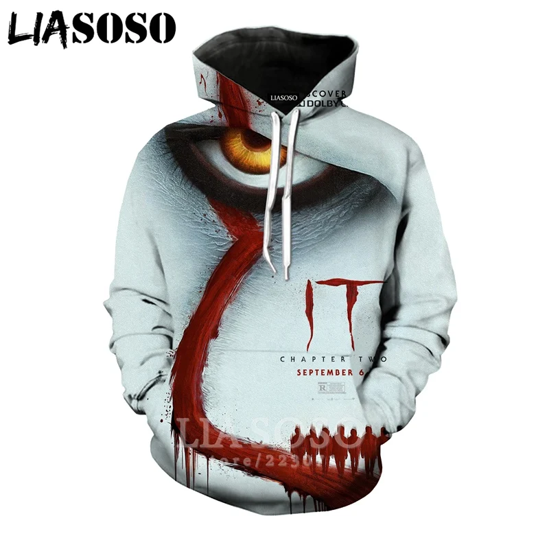 LIASOSO New Men Women Pennywise Sweatshirt 3D Print Horror Movie It Chapter Two Clown T Shirt Top Hoodies O Neck Pullover A305-6 | Мужская