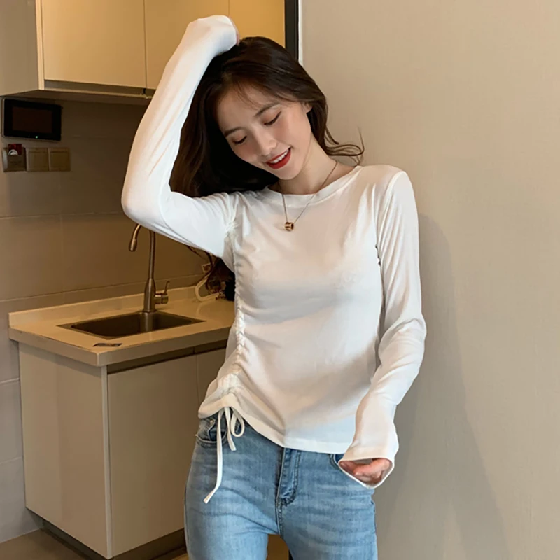 

Shintimes Bow Drawstring Thin Short Sexy T Shirt Women 2020 New Elasticity T-Shirt Korean Style Woman Clothes Slim Tshirt Female