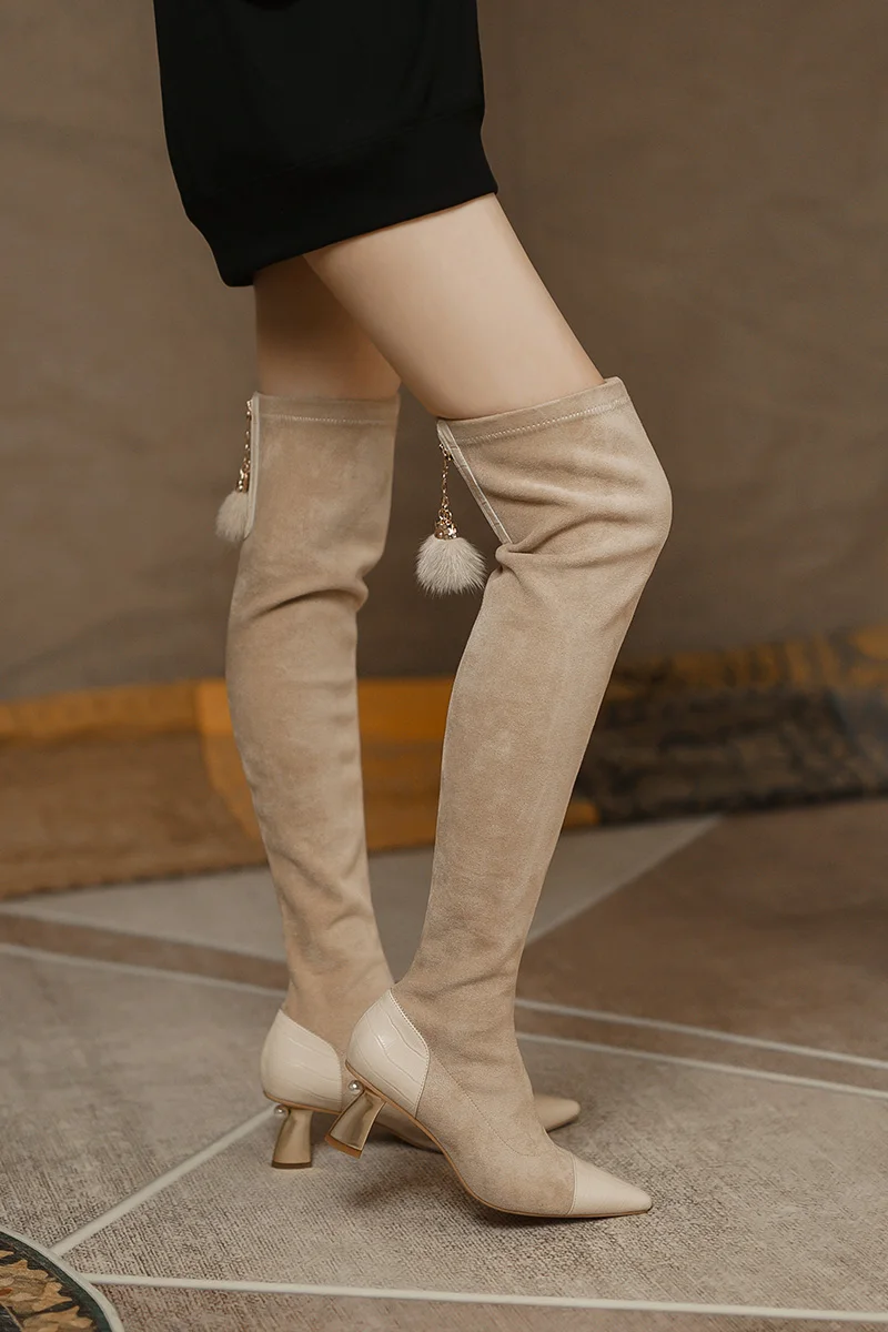 

Women's genuine leather stretch flock patchwork thin high heel sexy ladies over the knee boots pointed toe black slim long shoes