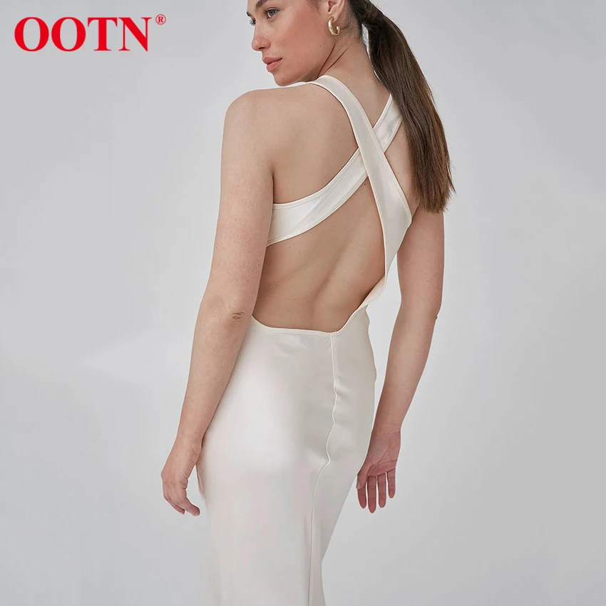 

OOTN Elegant Satin Sundress Women Wedding Party Maxi Dress Ladies Criss-Cross Open Back Sexy Summer Sleeveless Dresses Silk