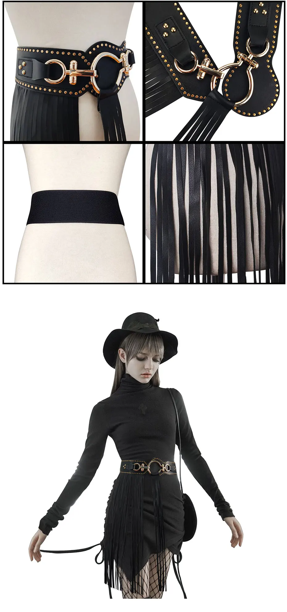Luxus Design Maikun Punk Goth Gürtel Für Frauen Persönlichkeit Lange Quasten Rock Mode Niet Breiten Elastischen Schwarzen Weiblichen Gürtel – Detail 4
