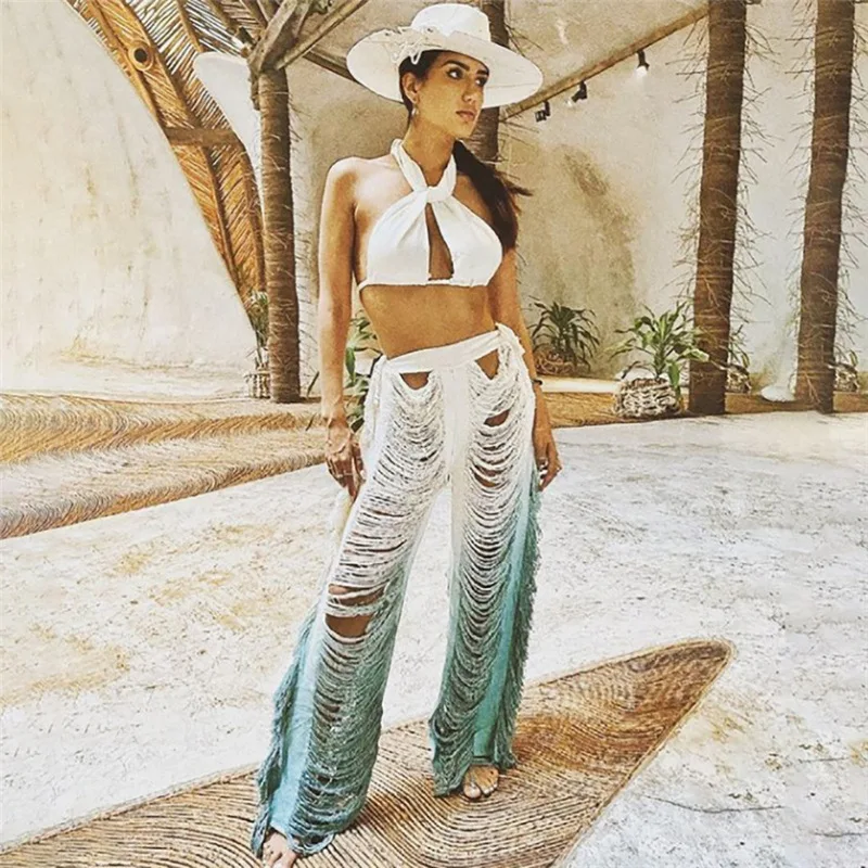 

2021 Sexy Hollow Out Tassel Straight Pants Gradient Trend Loose Party Hipster Skinny Street High Waist Trousers Beach Style