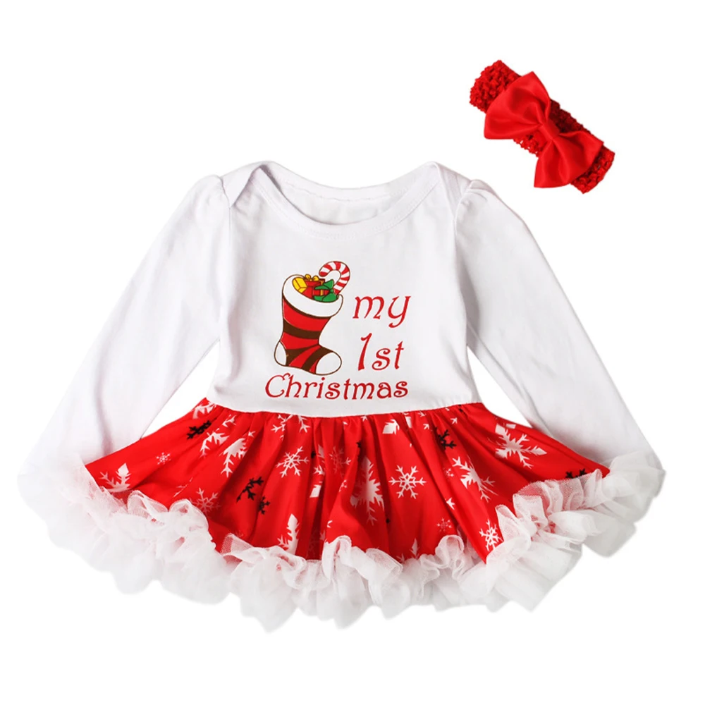 

Christmas Newborn Baby Girls Ruffle Long Sleeve Short Dress Round Neck Ball Gown Letter Print Headband Autumn Fashion 2Pcs Set
