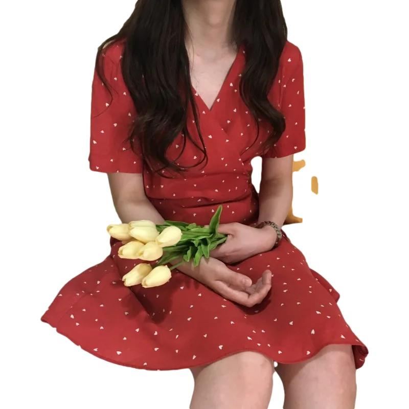 Женское платье в горошек красное Повседневное до колен с коротким рукавом и