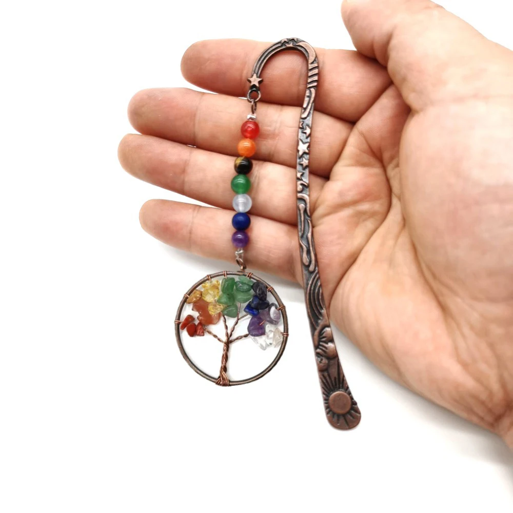 

Antique Rerto Copper Metal Bookmark Beading Bookmarks With Handmade 7 Chakra Healing Crystals Tumbled Gemstones And Round Beads