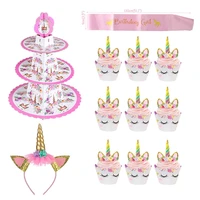 unicorn cupcake toppers and wrappers decorations rainbow cake stand headband sash decor supplies for baby girl birthday party