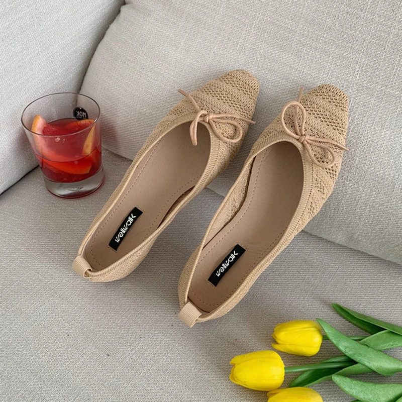 Женские балетки на плоской подошве туфли с бантом и квадратным носком мягкие