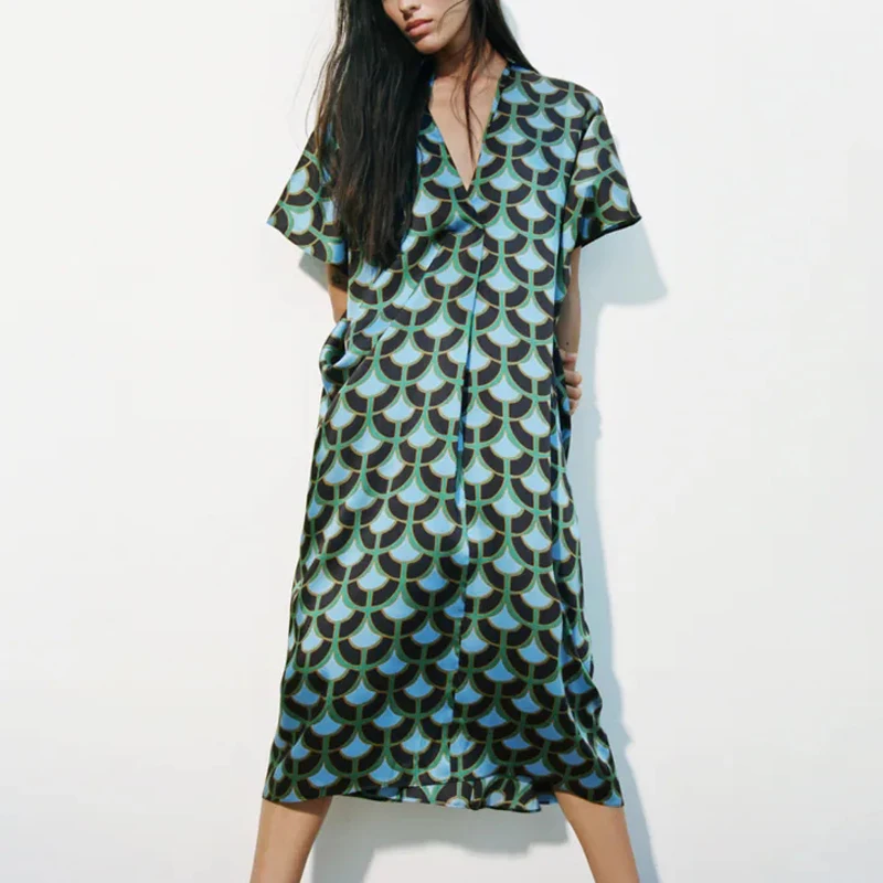 

Oversize Tunic Dresses Vintage Print Dress Woman Short Sleeve Summer Beach Casual Dresses 2021 Blue Dress Women Fashion