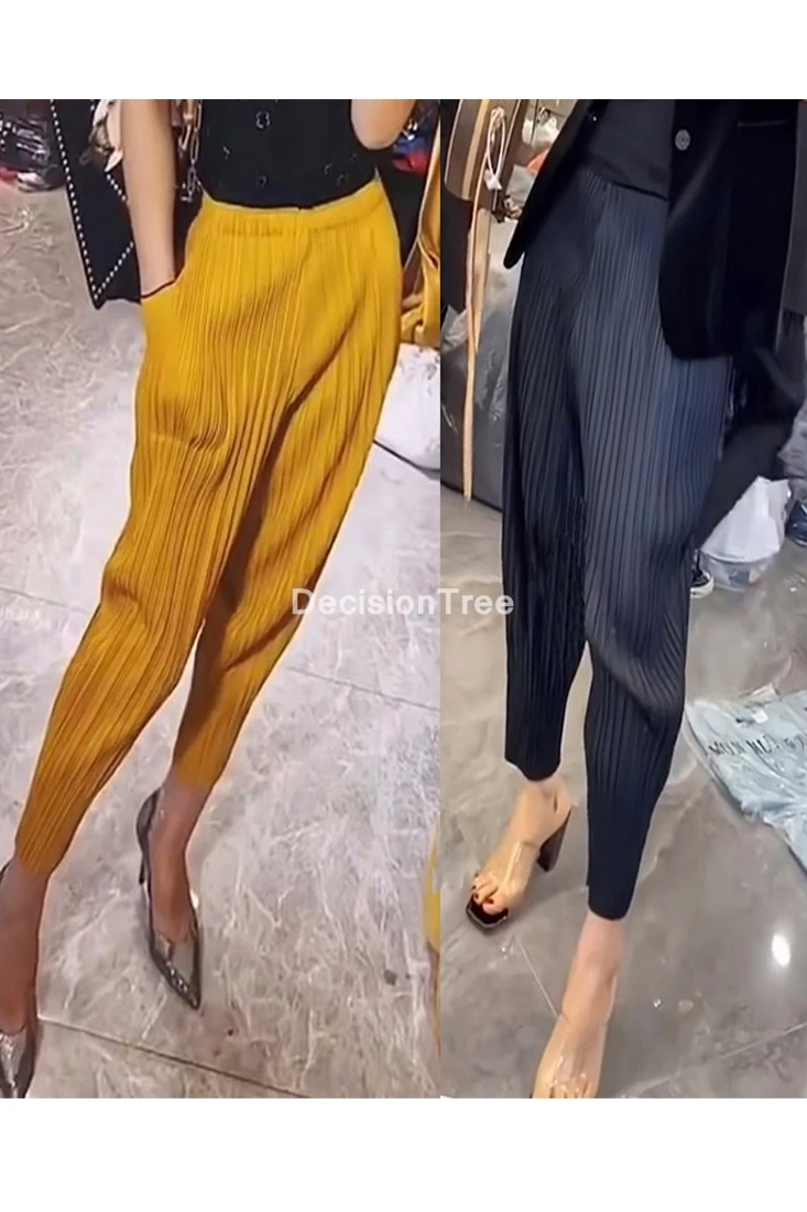 

2021 solid color wide leg pants women chic pleated elastic high waist loose trousers summer casual flowing chiffon pants