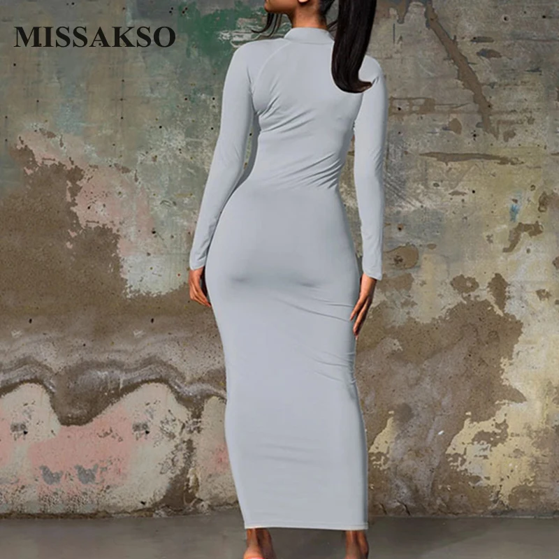 

Missakso Sexy Autumn Solid Bodycon Dress Zipper Night Club Long Sleeve Fashion V Neck Party Women Midi Dresses