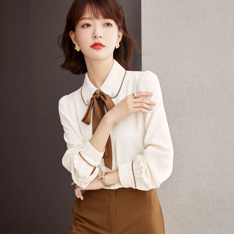 

Chiffon Loose Women's Shirts New Fashion Blouses Solid Color Bow Tie Shirt Spring Casual Long Sleeve Blusas Houthion
