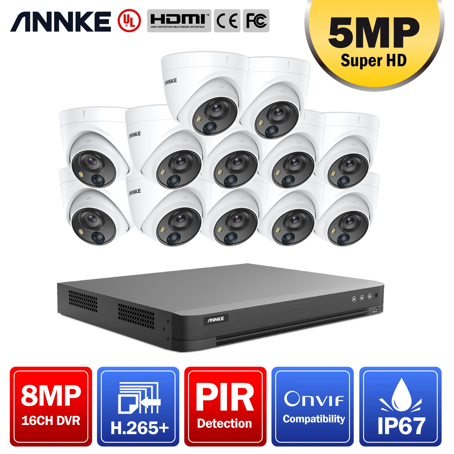 

ANNKE 16CH 5MP Super HD Video Security System H.265+ 8MP DVR With 12PCS 5MP Weatherproof Surveillance Cameras Kits PIR Detection