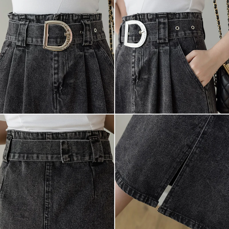 

Limiguyue Elegant Women Jeans Skirt Vintage Style Belt High Waist Streetwear Loose Denim Skirt Midi Skirts Pockets Female K1137