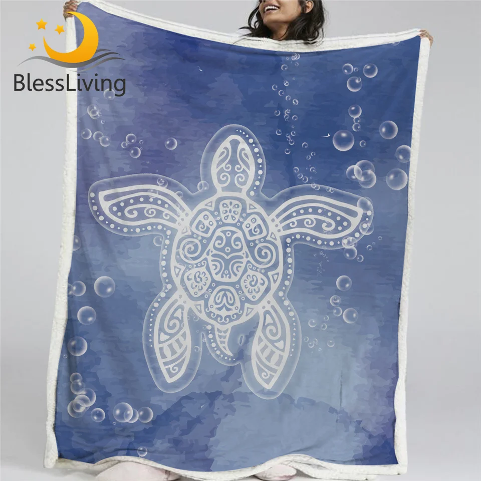 

BlessLiving Sea Turtle Blankets For Beds Tortoise Custom Blanket Watercolor Bubbles Sherpa Blanket Marine Blue Bedding 150x200cm