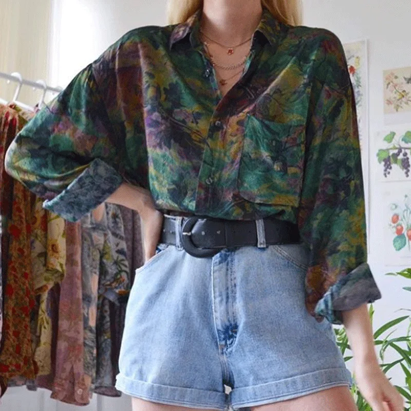 

Vintage Long Sleeve Flower Print Blouse Women Single-breasted Turn Down Collar Elegant Lady Office Streetwear Plus Size Clothing