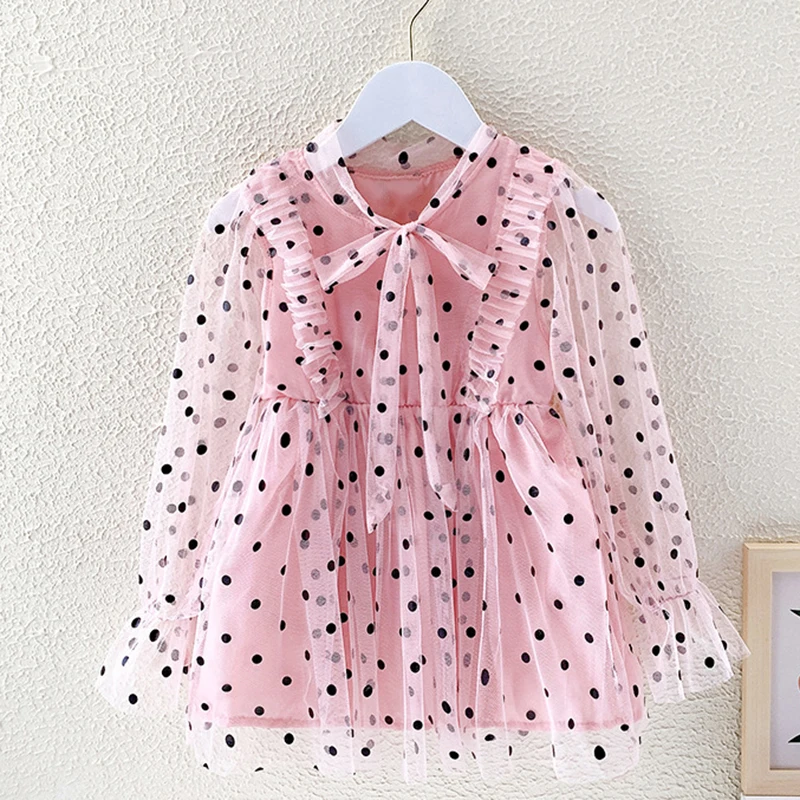 

2021 New Spring Autumn Long Dress Casual Dress Kid Clothes Polka Dot Mesh Dress Girl Clothes For 3-7 Years