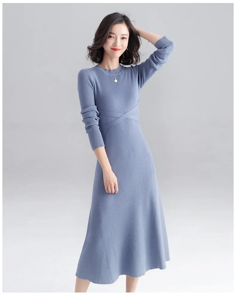 INNASOFAN knitted dress women Autumn Winter long-sleeved dress Euro-American fashion chic dress solid color