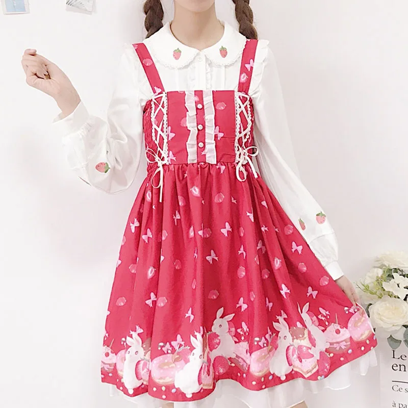 

2021 Spring New Strawberry Shirt Women Sweet Japanese Doll Collar Ruffle Long Sleeve Lolita Shirts Top White All-Match Jk Blouse