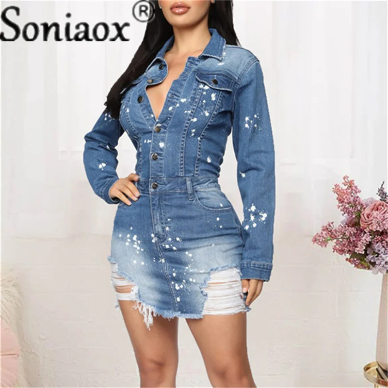 Купи Sexy Turndown Collar Cotton Bodycon Jean Dress 2021 Summer Party Club Denim Dress Women Breasted Mini Bag Hip Dress за 1,132 рублей в магазине AliExpress