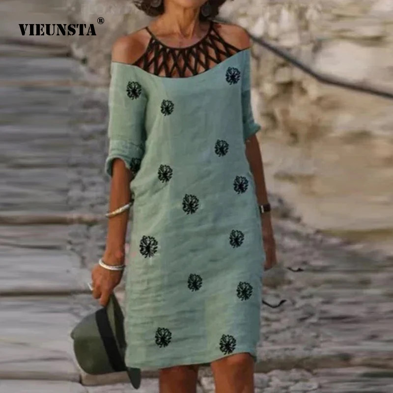 

Женское платье с цветочным принтом, летнее винтажное свободное мини-платье с V-образным вырезом и коротким рукавом