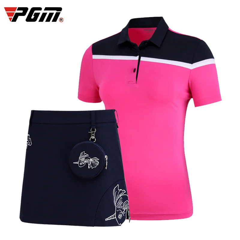 T-shirtskirt PGM Женская футболка для гольфа юбка женские костюмы высокая эластичная втулка вала рубашка быстро сохнет одежда платье для гольфа костюм для тенниса - Цвет: T-shirtskirt
