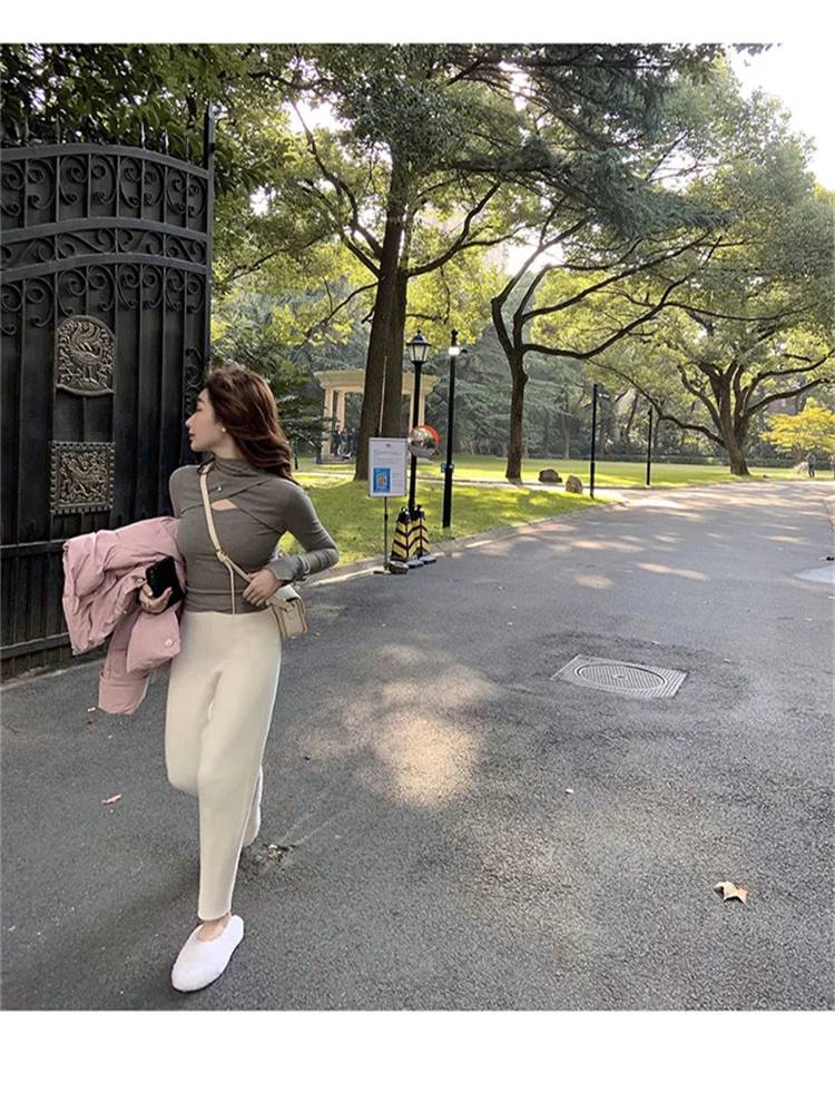 

Women Bare Chest Nightclub Party Fashion T-shirt Ladies Sexy Pullover Slim Patchwork Turtleneck Tees Hollow Out Tops Mujer