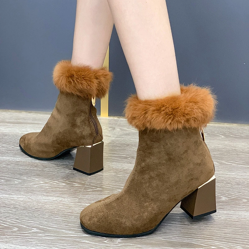 

2022 Genuine Leather Women Short Boots,Wool Fur Shoes for Winter,Square Heel,Fashion Female Footware,Mum Faves,Black,BeigeBROWN