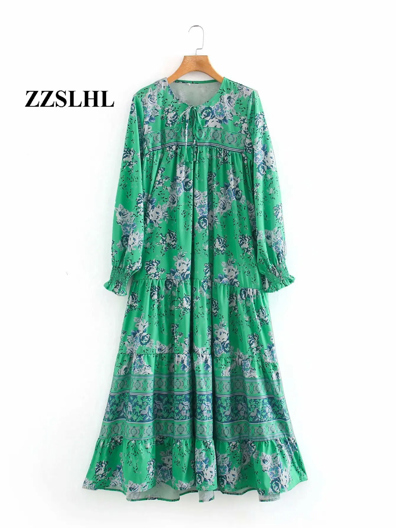 Женское платье с Европейским принтом Зеленое Длинное в винтажном стиле модель