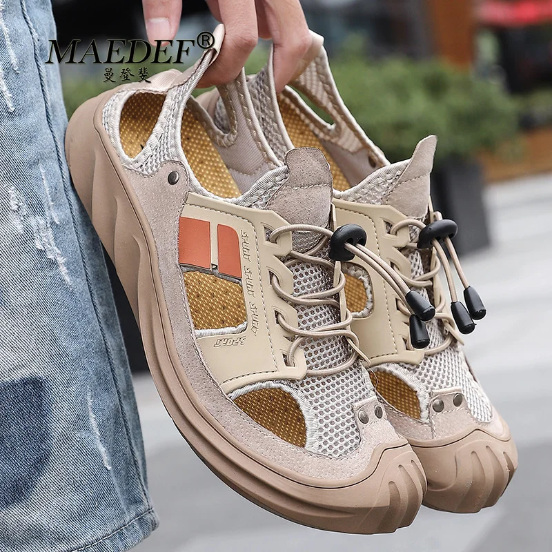 

MAEDEF Summer Beach Slippers Oversized Casual Men's Shoes Flat Bottomed Beans Mesh Shoes Comfortable Leather Sandals for Men