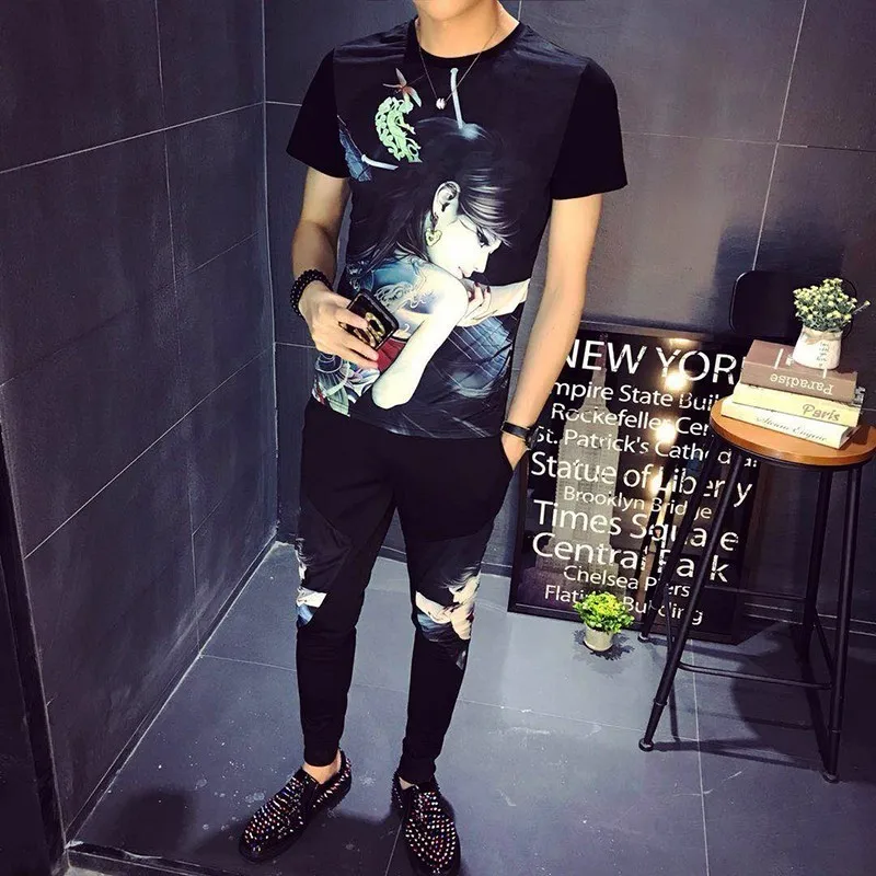 

Fashion summer 2020 Printing Short Sleeve Round Neck chandal hombre Male Suit Easy men sets T-shirts 2 pieces sets tracksuit men
