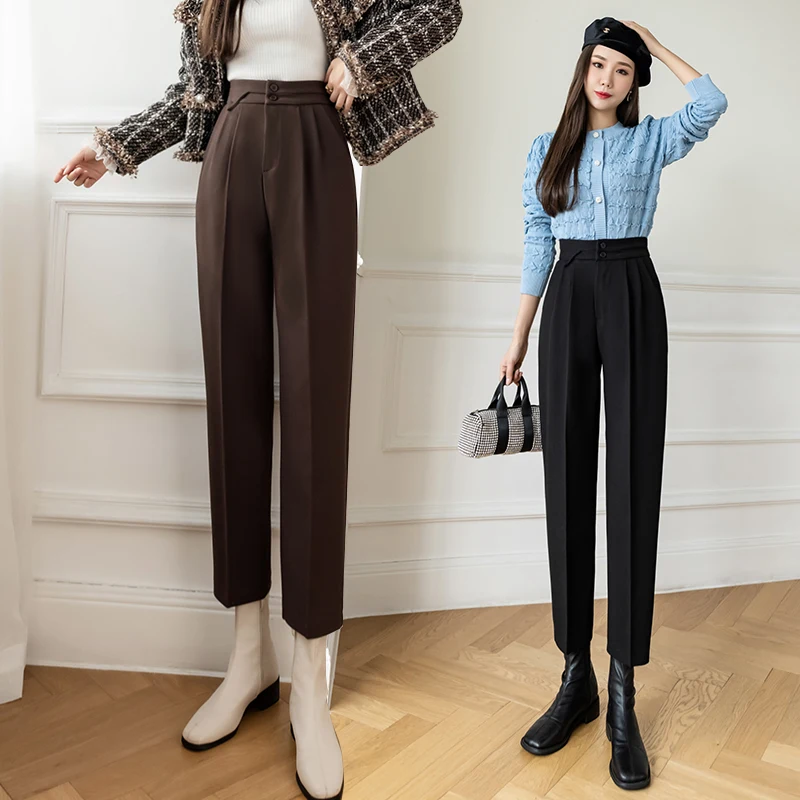 

Office Lady Wool Thick Women Straight-leg Pants Autumn Winter Woolen High Waist Female Trousers Black Coffee Casual Pants