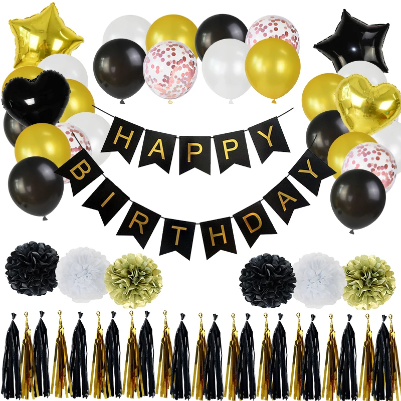 

65Pcs/set Black Gold Birthday Party Banner Latex Confetti Balloons Flower Pompoms Metallic Fringe Curtains Hanging Swirls Decor