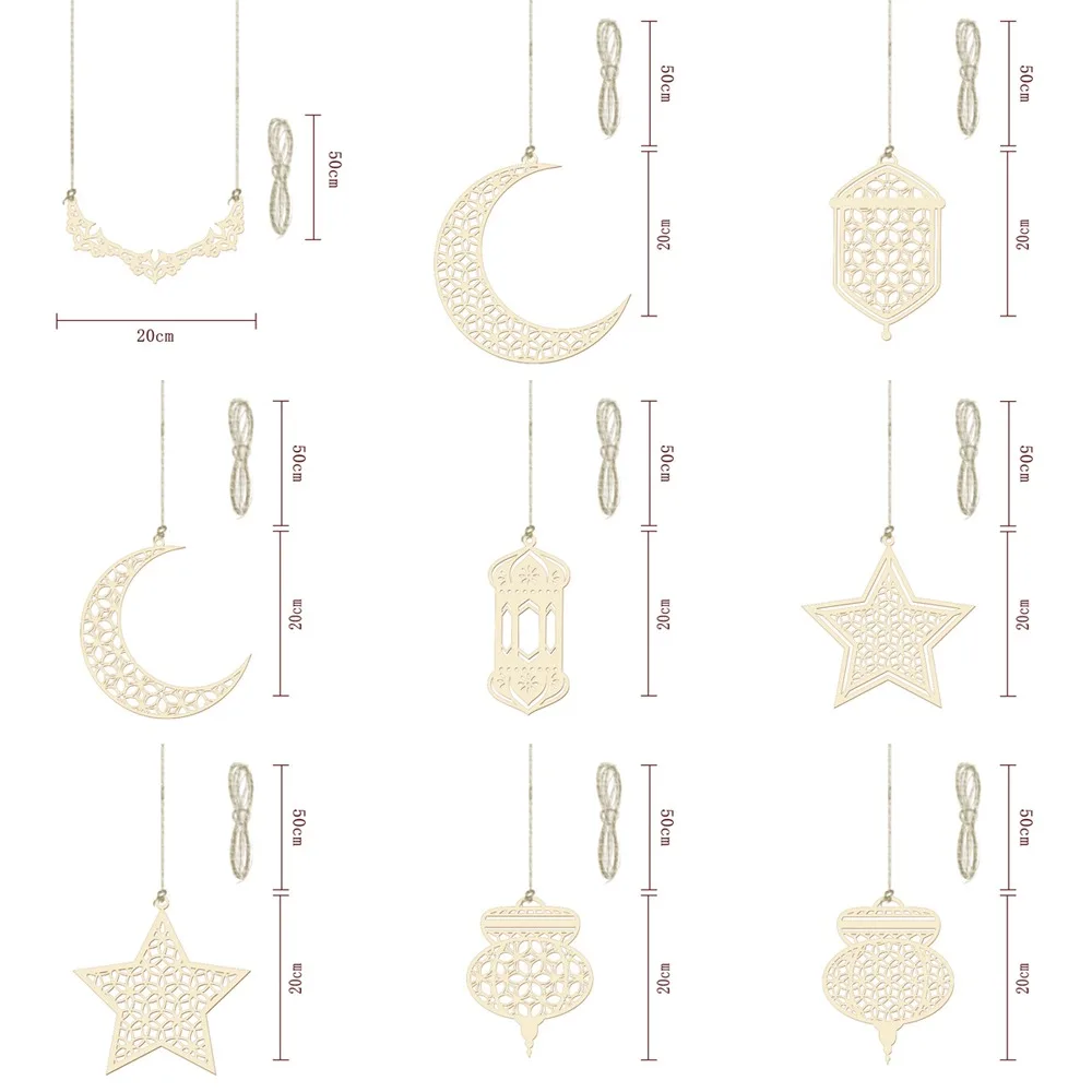 

Combination 9pcs Wooden Moon stars Ramadan Decorations for home Kareem Decoration Hanging Pendant Islamic Muslim Party Supplie