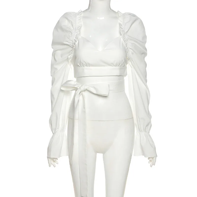 

CHRONSTYLEWomen Shirts Sexy Off Shoulder Solid Blouse Crop Tops 2021 V-neck Backless Long Flare Sleeve Lace-up Hollow Out Shirt