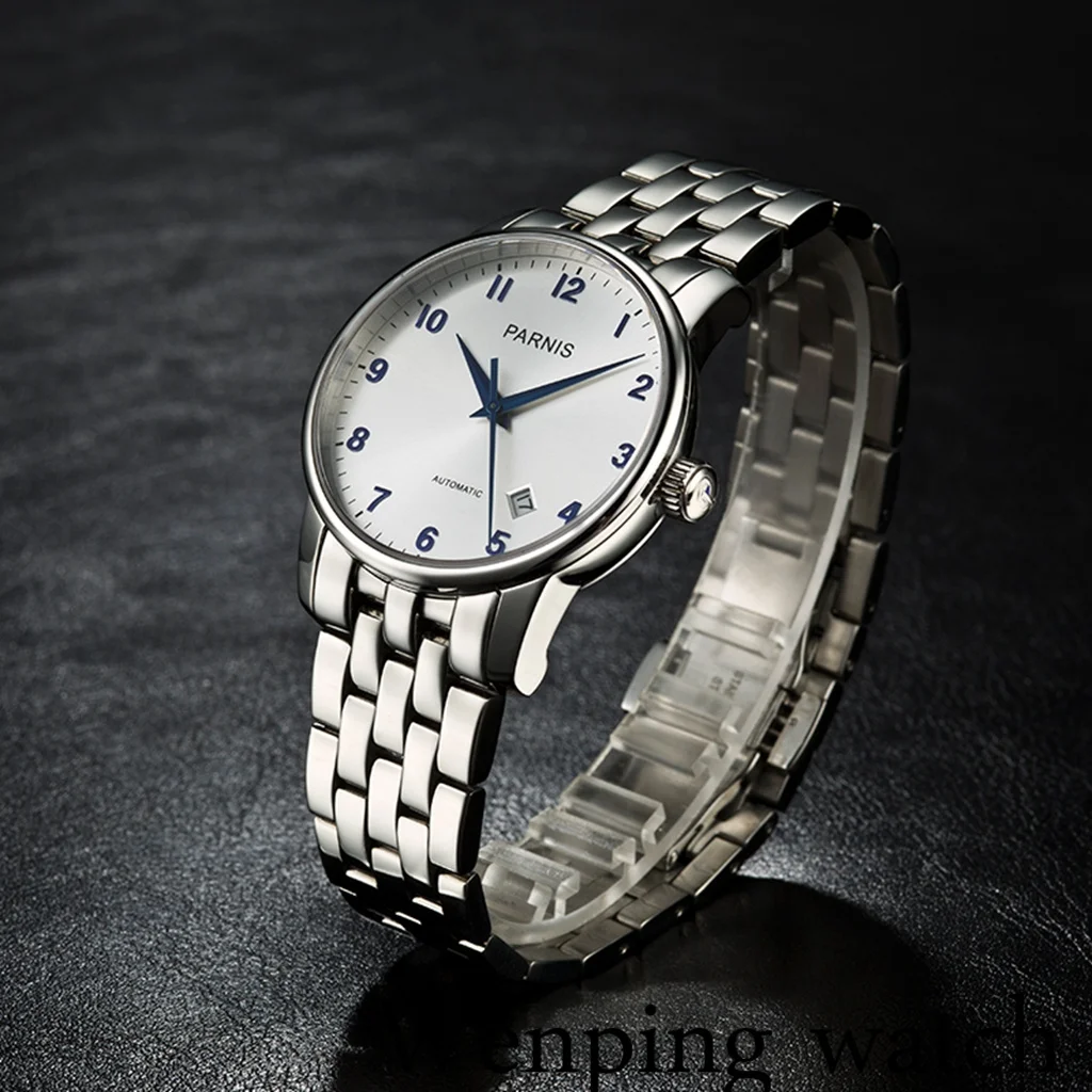 

Parnis 38MM Silver Dial Automatic Mechanical Blue Hands Stainless Steel Bracelet Calendar Japan Miyota Movement Men Wristwatch