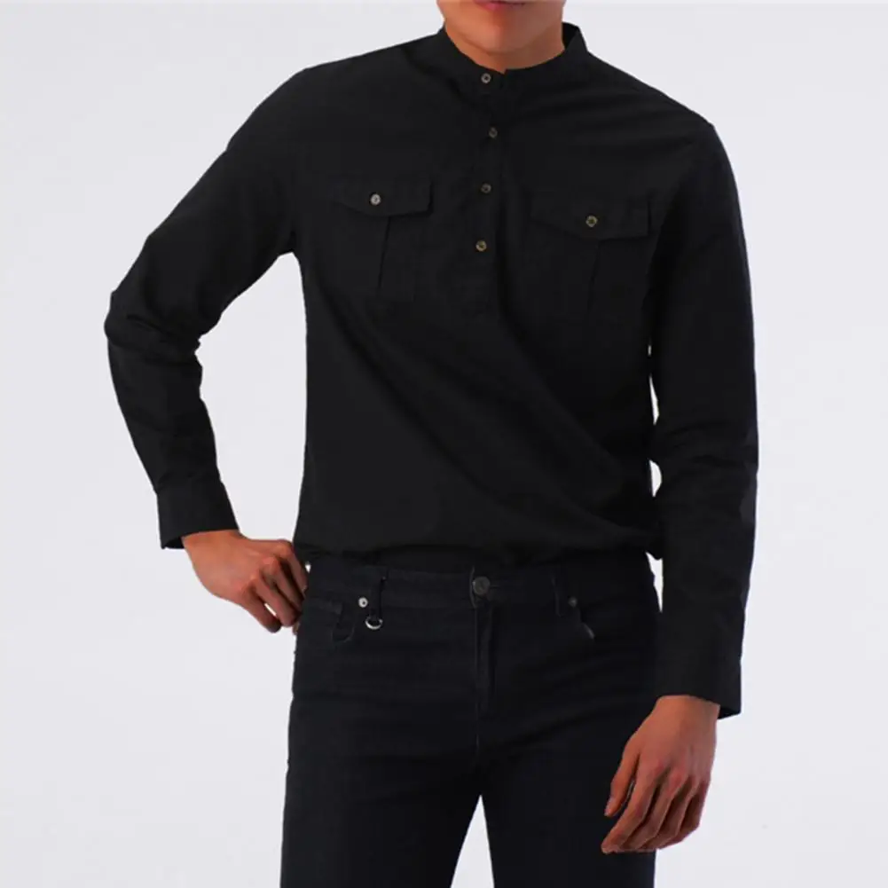 Мужская деловая рубашка с длинными рукавами воротником стойкой и двумя
