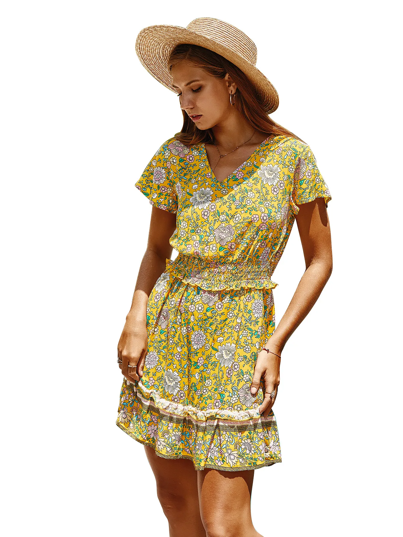 

Women Summer Bohemian Dress Stylish Pleated V-neck Floral Print Ruffles Dress Ladies Above Knee Short Sleeve Trendy Pretty Dress