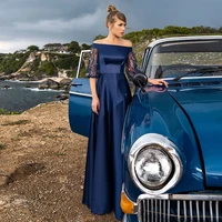 elegant blue satin evening dress illusion zipper back a line floor length boat neck prom party gown at night half sleeves %d0%bf%d0%bb%d0%b0%d1%82%d1%8c%d0%b5