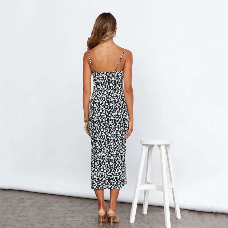 

2021 Summer New Sexy Sling High Split Floral Print Mid-Length Dress Women Fashion Sleeveless Pullover Dress Vestido De Mujer