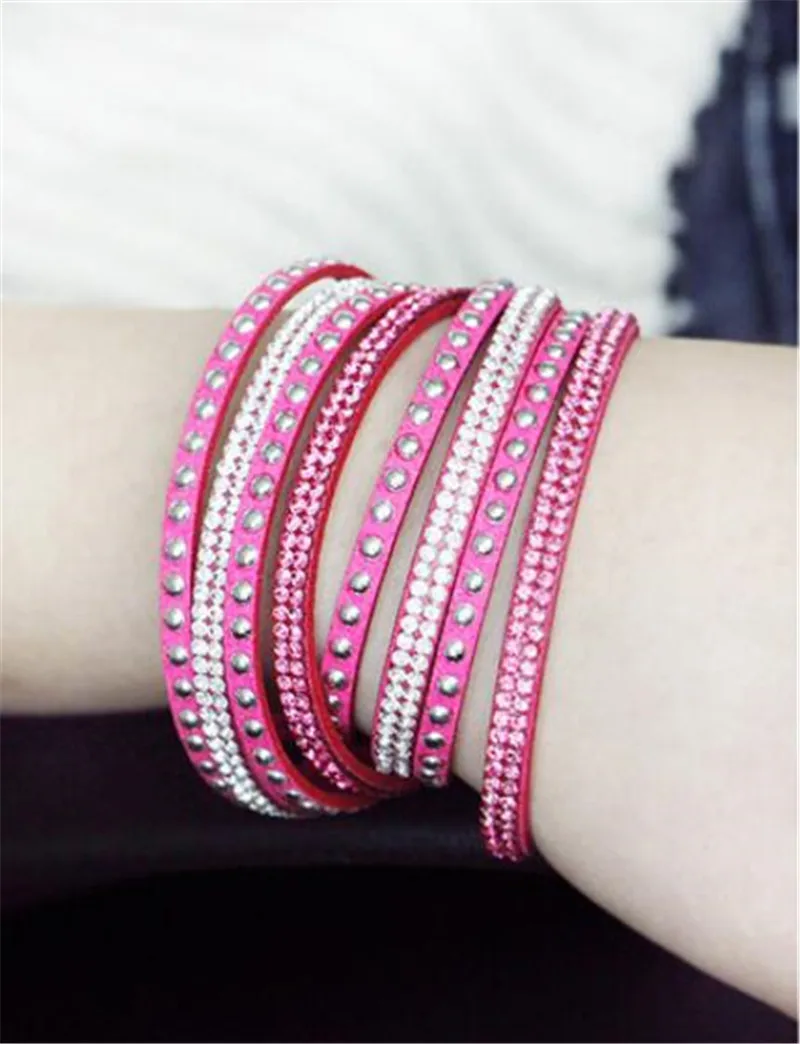 Women Luxury Multilayer Leather Wrap Cuff Punk Crystal Rhinestone Bracelets Bangle Jewelry Rose Black Birthday Valentine Gift | Украшения и