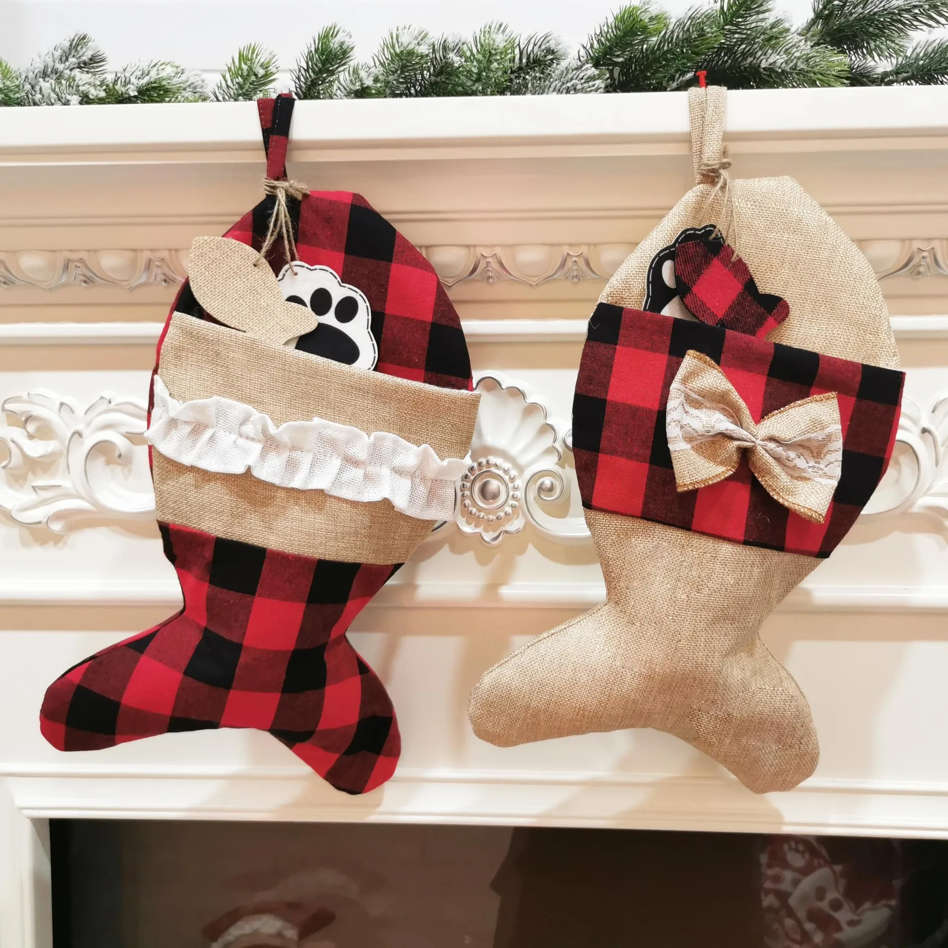 

42*26cm Plaid Christmas Stocking for Pet Dog New Year Gift Bag Christmas Tree Wall Hanging Ornaments Decorations Navidad