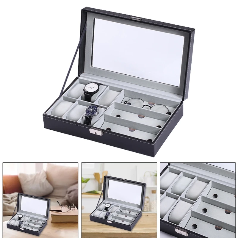 

LXAE Multi-grids PU Leather Watch Storage Box Glasses Organizer Jewelry Bracelet Case Display Holder