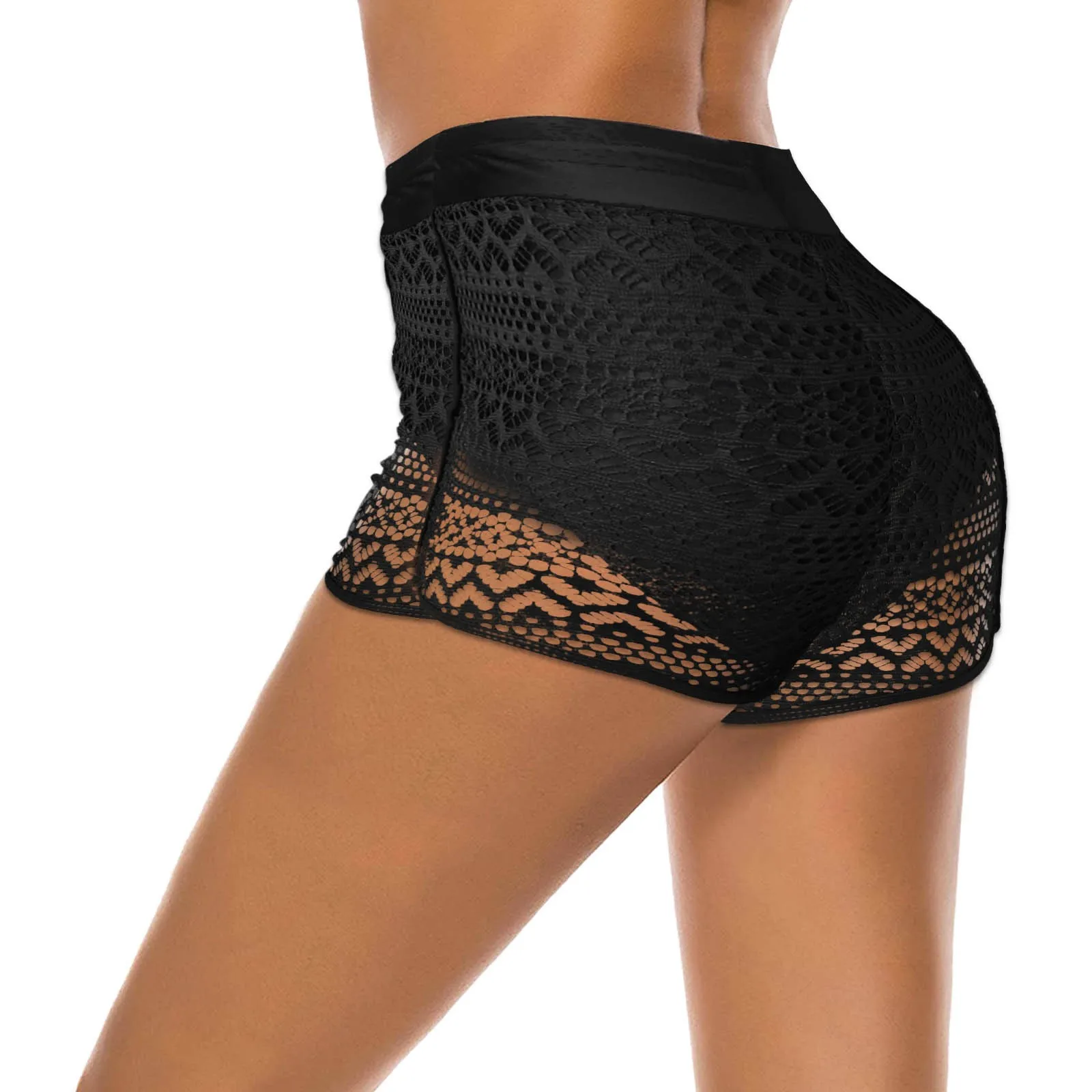 

Sexy Black Mesh women Swimming Trunks Oversize Lace swimsuit Bottom Fat Swim shorts Boxer Brief New High Waist Sports Shorts