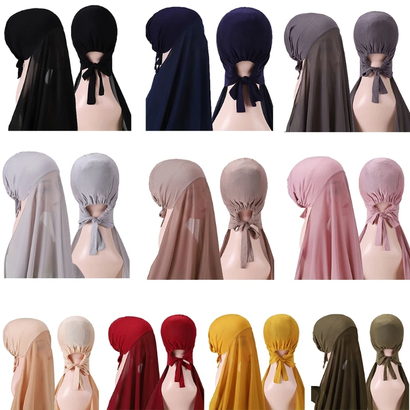 

Muslim Women Bonnet with Rope Chiffon Shawl Convenient Elastic Bandaged Underscarf Cap Islam Inner Hijab Cover Headwrap