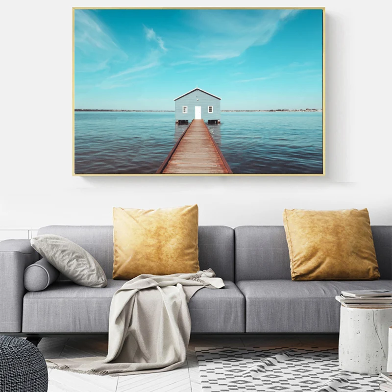 

Картина с морем и домом, пейзаж, настенная Картина на холсте для гостиной, Декоративные плакаты и печать