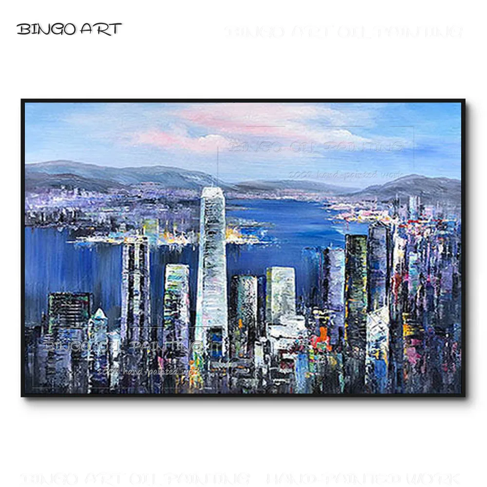 

Hand-painted High Quality Abstract Hong Kong Skyscraper Oil Painting on Canvas Beauty Hong Kong City Skyscraper Knife Painting
